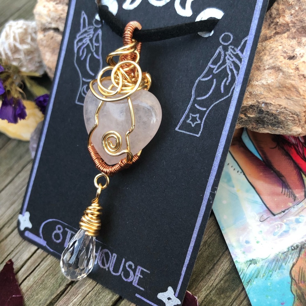 Wire Wrapped Rose Quartz Heart Shaped Dangle Briolette Necklace - Picture 4 of 8